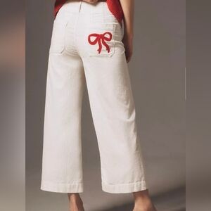 Anthropologie Maeve Colette Bow Crop Wide Leg Corduroy Pants Size 27 NWT Cream